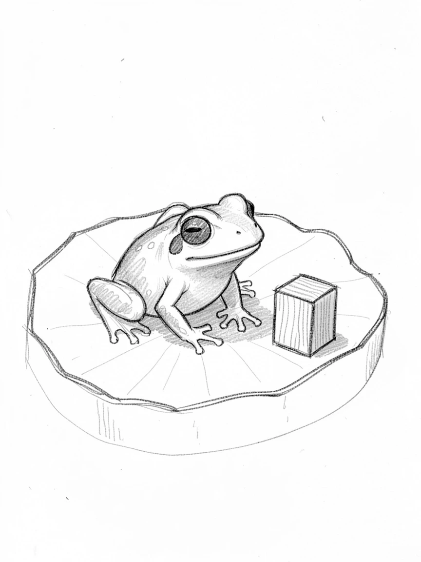 A tiny frog perched on a lily pad, beside a small wooden toy, looking impossibly soft and content.