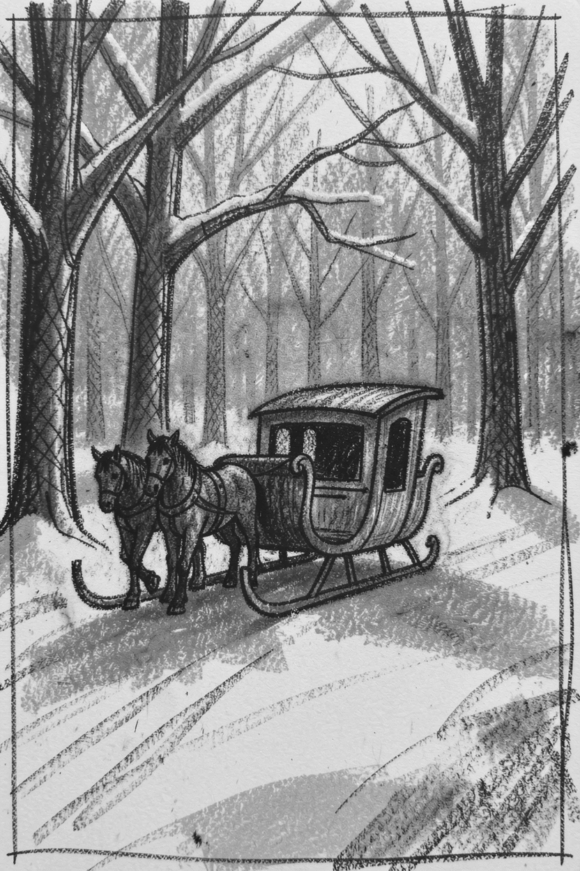 A sleigh gliding through a snowy forest at twilight, on a quiet, peaceful afternoon.