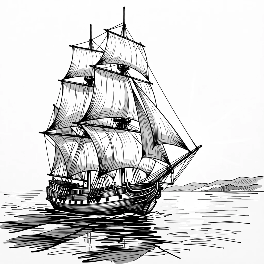 A single ship sailing steadily toward a distant, sunlit shore.