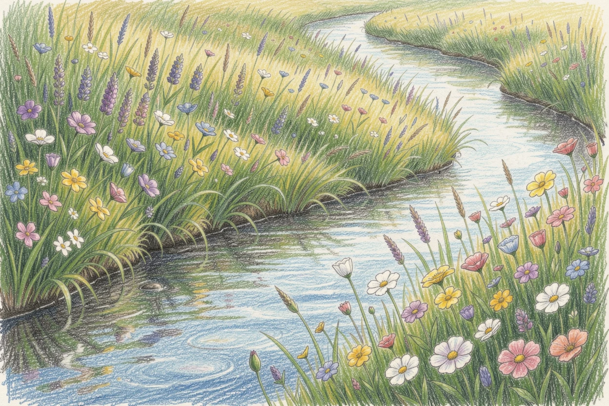 A pastoral creek winding through a meadow of wildflowers, with a gentle play of light and shadow across the composition, celebrating a moment people would love to revisit.