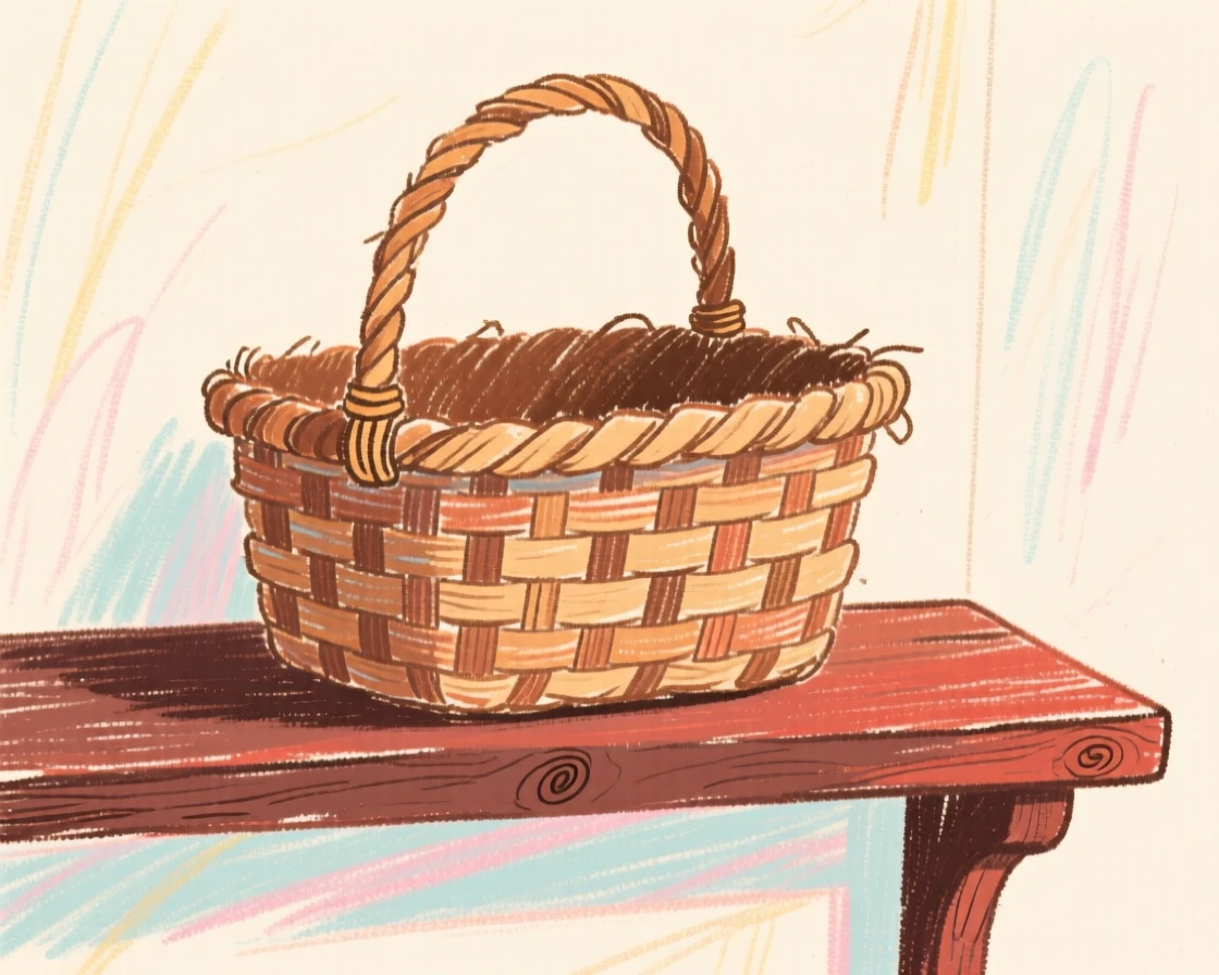 A woven picnic basket displayed on an antique shelf.