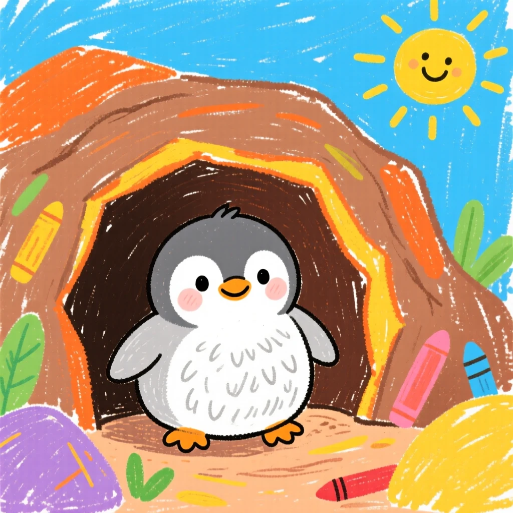 A tiny penguin chick snuggled inside a cozy burrow.