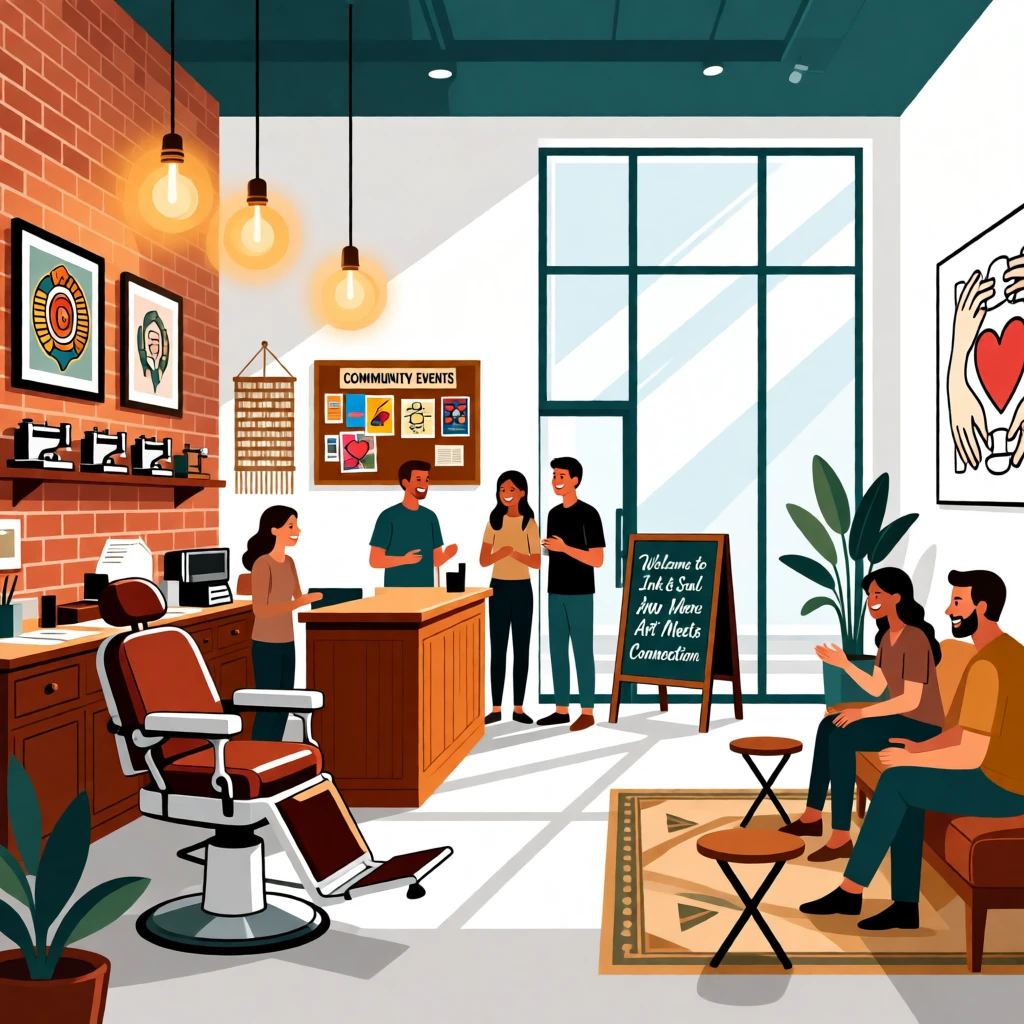 A stylish tattoo studio with warm lighting and vintage decor, set within a bright, stylish contemporary space, composed with a joyful, community-driven atmosphere, with a sense of community and connection in every detail.