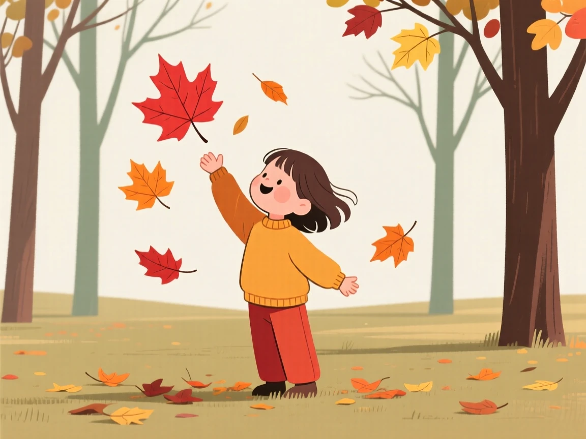 A child reaching up to catch falling autumn leaves in a park.