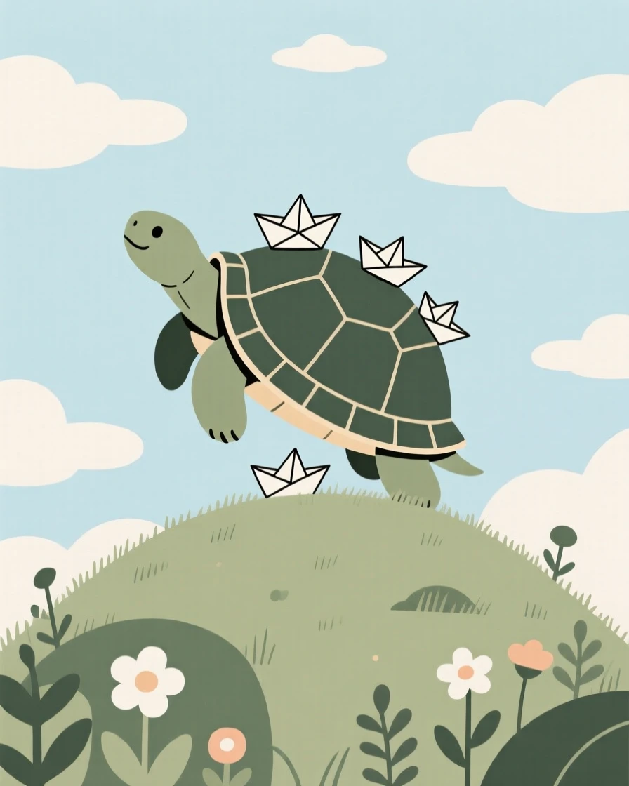A dreamlike garden growing on the back of a giant tortoise rising from a sky filled with drifting clouds, filled with paper boats sailing on air, evoking boundless wonder.