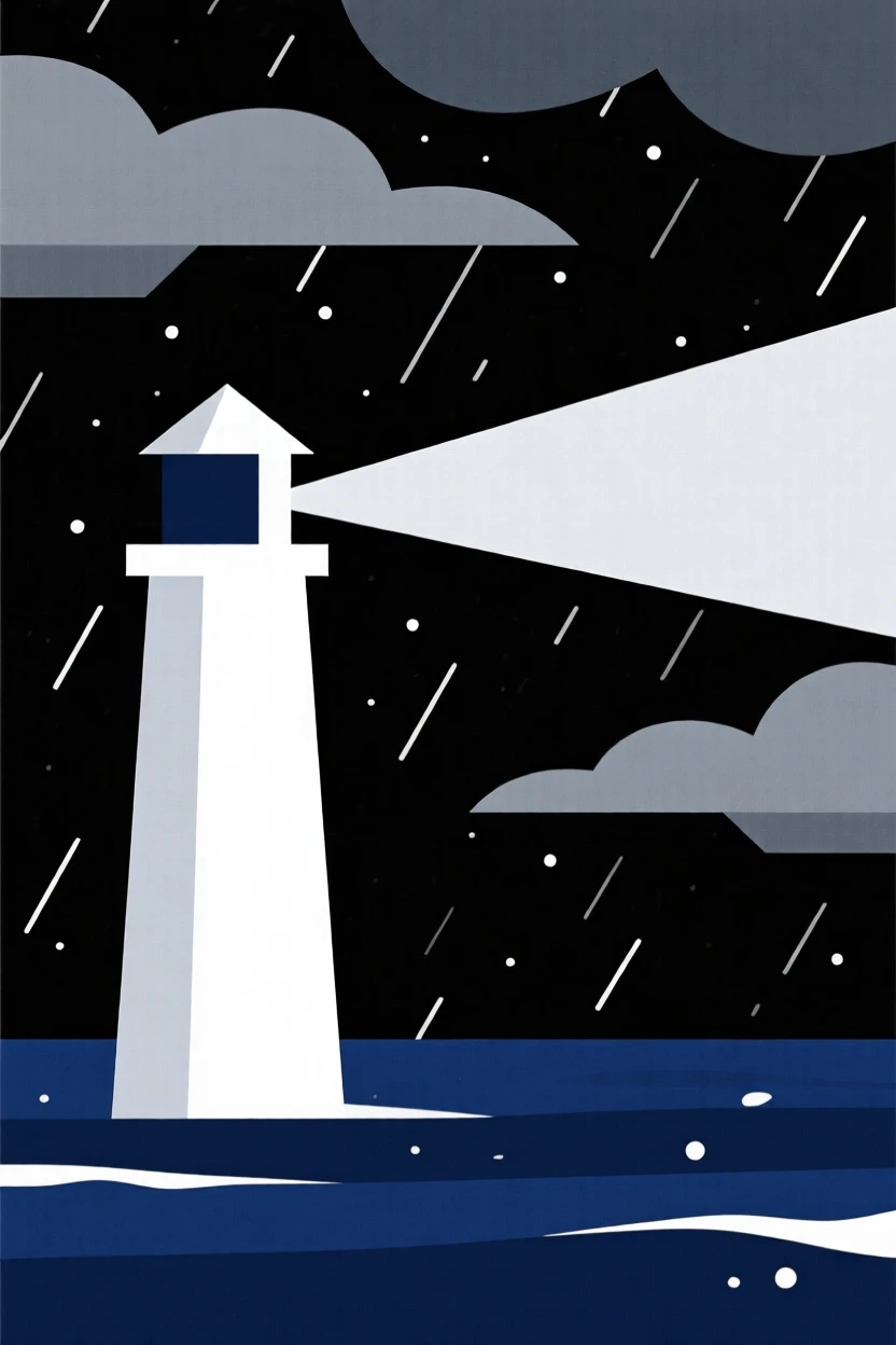 A lighthouse beam cutting through a stormy night