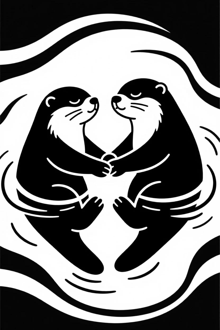 Two otters holding hands while floating on their backs.