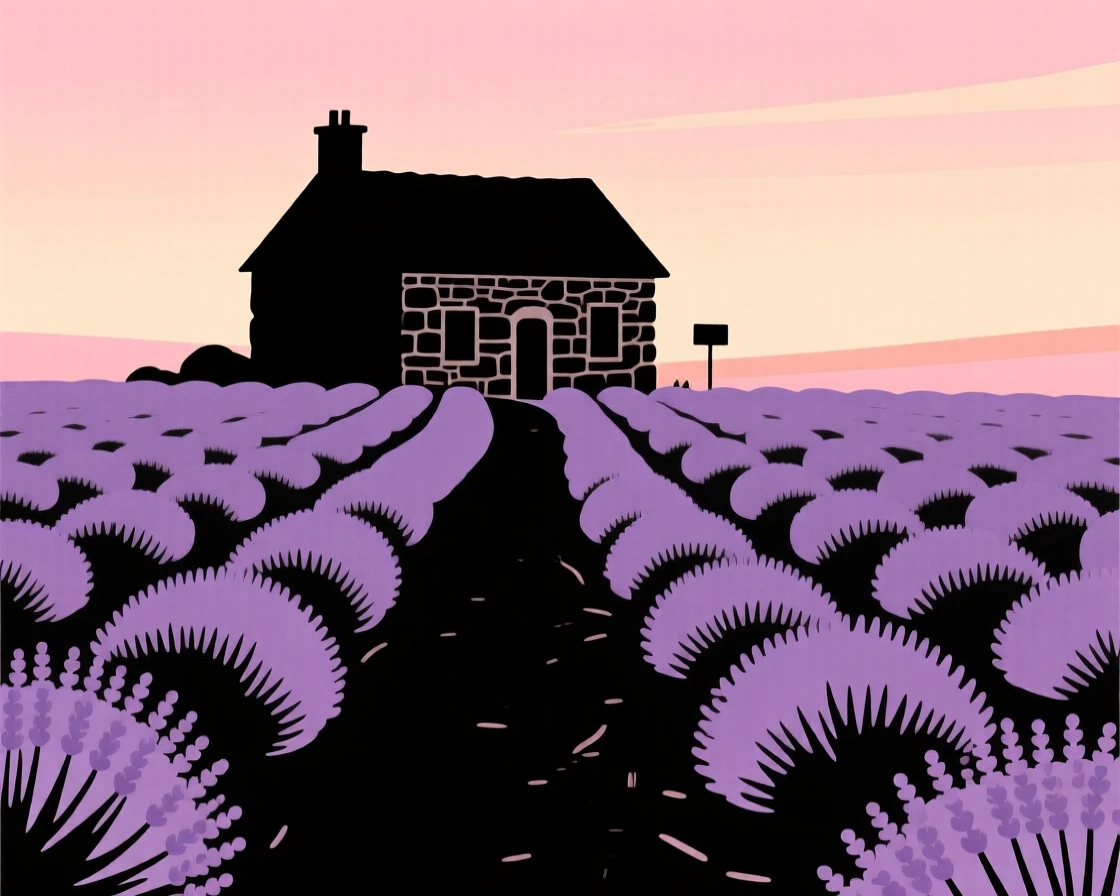 A quiet path through a lavender field leading toward an old stone farmhouse.