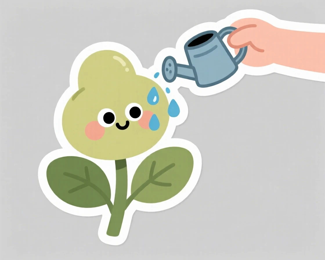 A warmly comforting plant getting a gentle drink of water from a tiny can, with an expression that melts hearts instantly, a small joyful moment worth capturing.