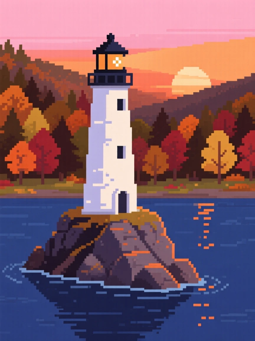 A lighthouse on a rocky point reflecting the colors of a setting sun, within a valley covered in autumn color.