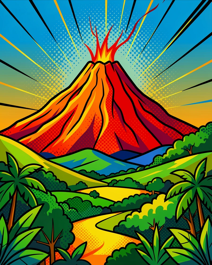 A volcanic peak rising above a lush Indonesian valley