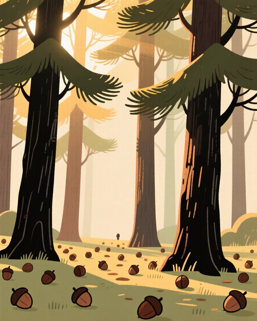 Sunlight filters through a ancient grove of old pines, casting dappled golden light across a forest floor scattered with scattered acorns.