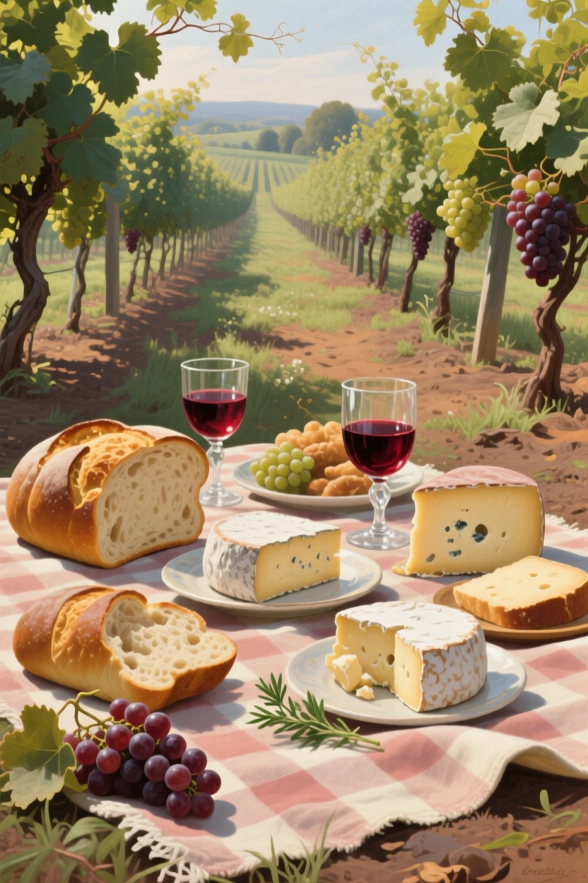A detailed close shot of a vineyard picnic with bread, cheese, and wine spread on a checkered cloth, during the colonial era, in late spring.
