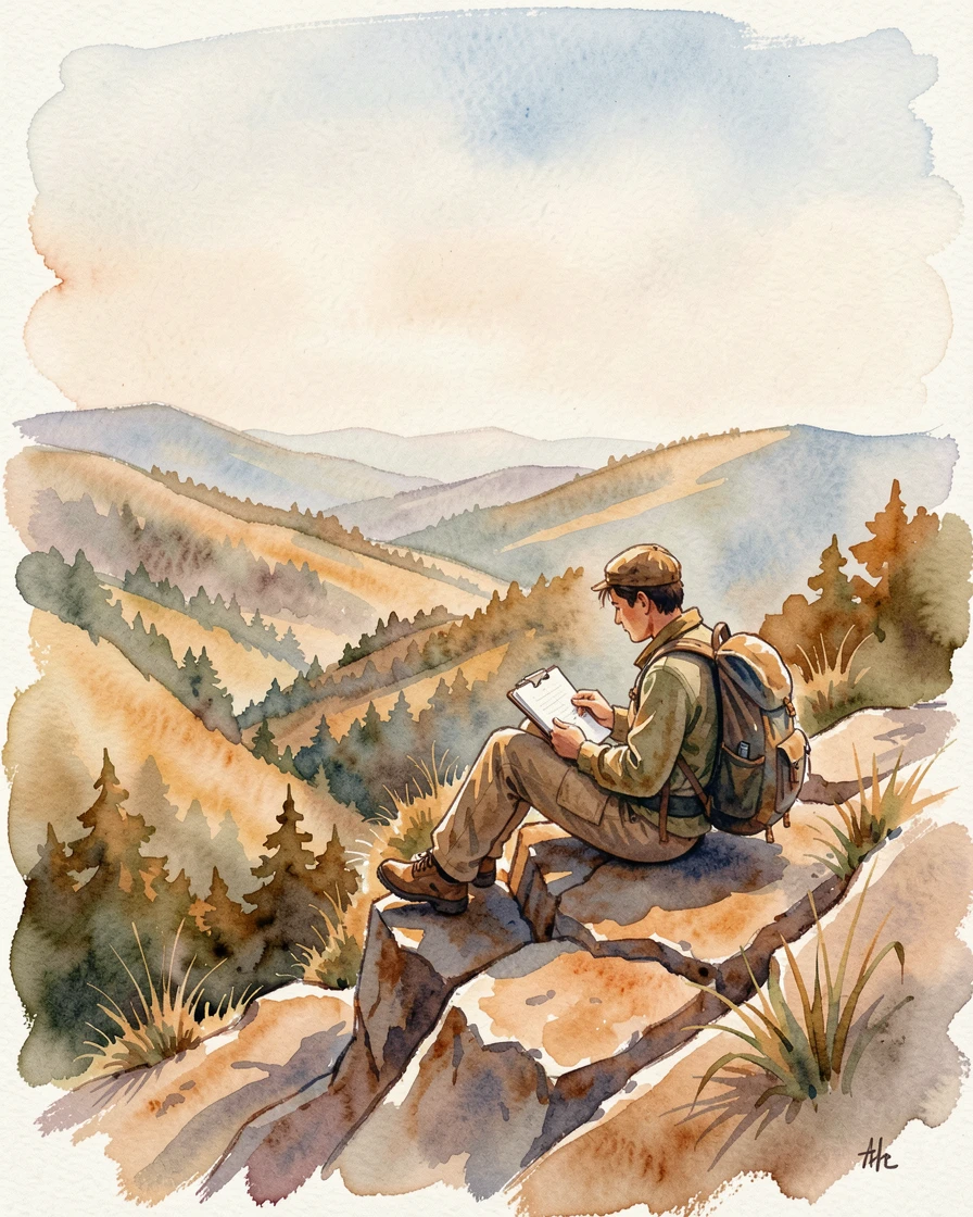 A traveler sketching a landscape from a mountain overlook with gentle shadows and warm tones.