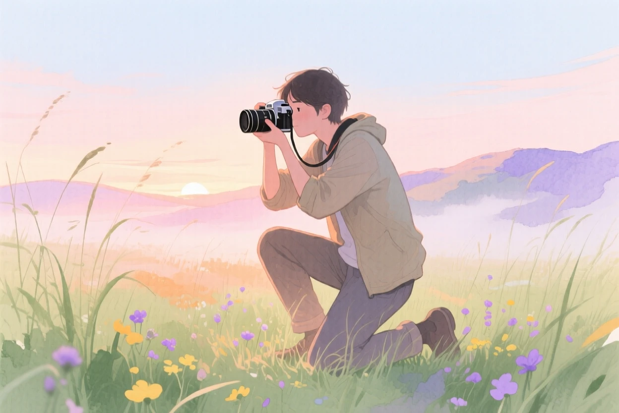 A photographer kneels in a meadow at sunrise, capturing the mist rolling over distant hills