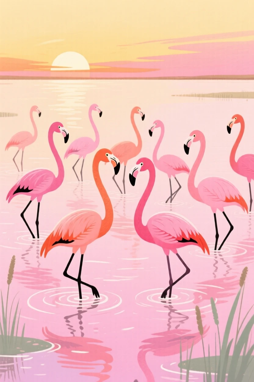 A flock of flamingos wading through a pink-hued lagoon at sunset.