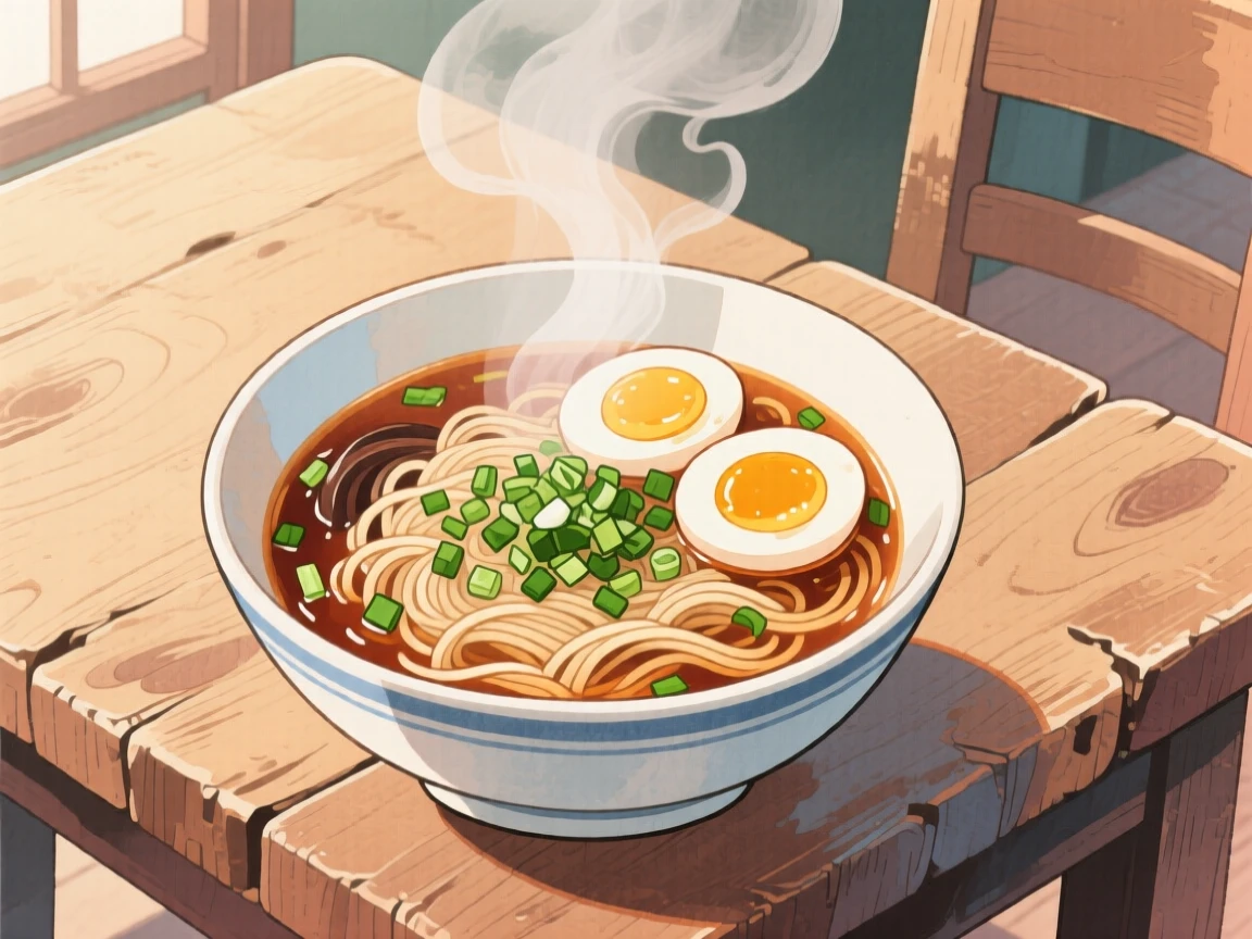 A steaming bowl of ramen garnished with soft-boiled egg and scallions on a rustic table, filled with the warmth of a home-cooked welcome.