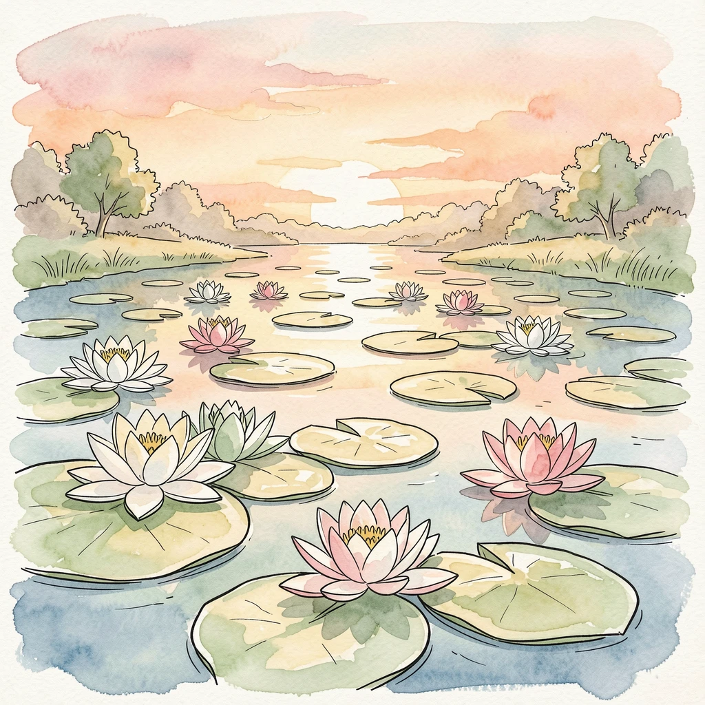 A quiet pond covered in floating water lilies at first light, the last rays of sunset painting the sky in warm color.
