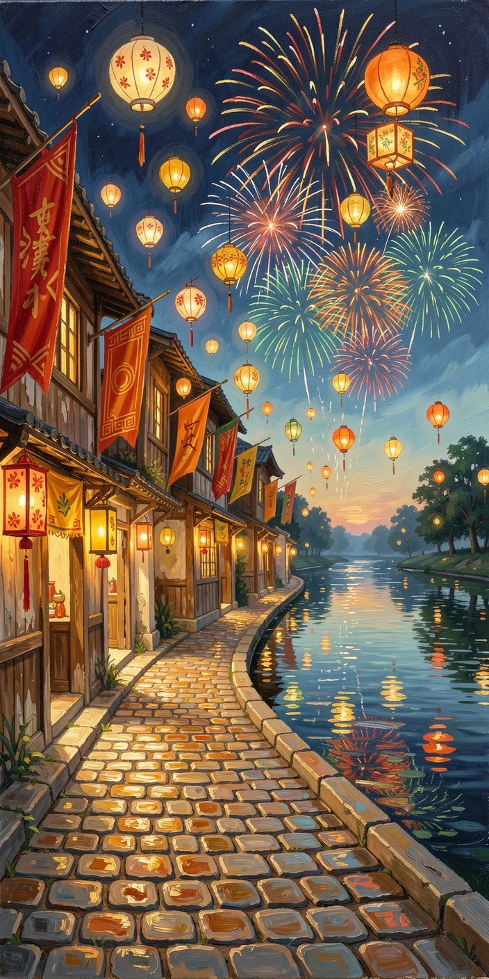 During a warm summer night, a lantern festival filling the night sky with floating light, along a cobblestone street decorated with banners, fireworks reflecting off the water below.
