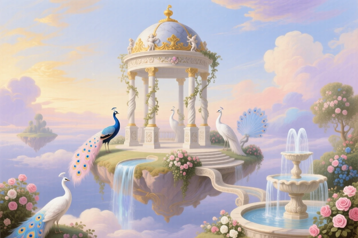 A floating island with a marble pavilion, fountains, and white peacocks  
