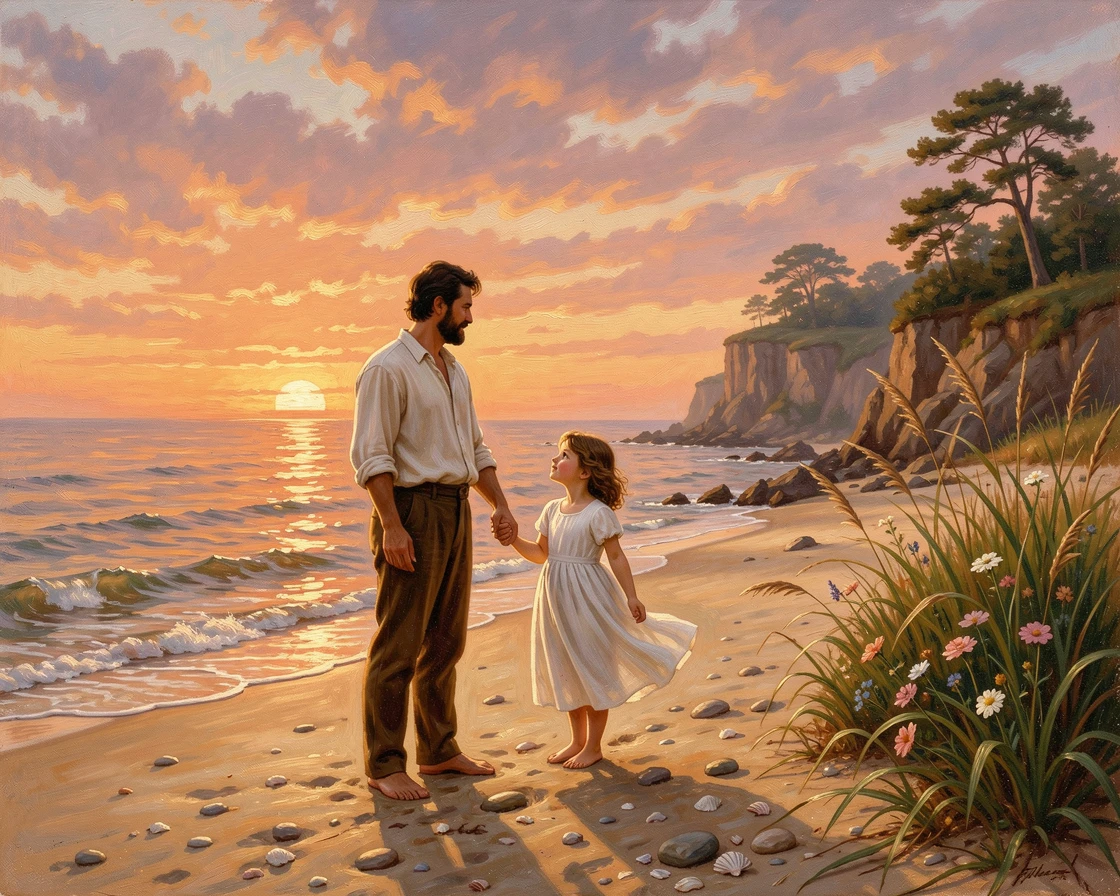 A father and daughter gather around a beach at sunset on a warm summer evening.