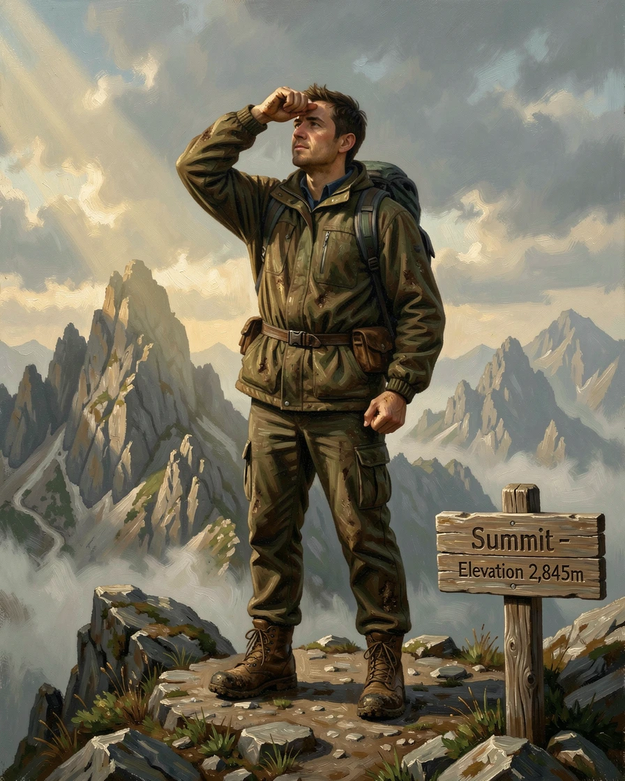 A hiker standing triumphantly atop a fog-covered mountain peak, as dramatic natural light enhances the excitement of the journey, evoking wanderlust and the irresistible call of adventure