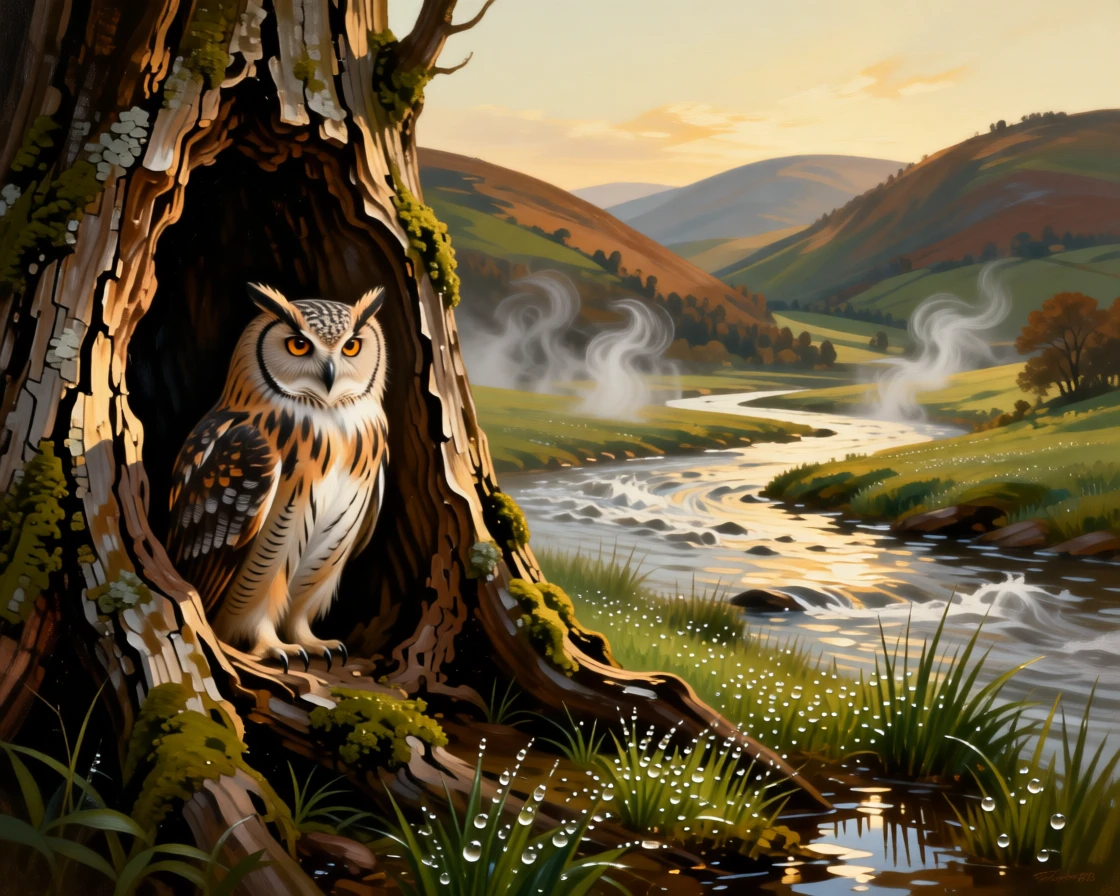 A wise old owl perched silently in an ancient hollow tree as instinct and elegance move in perfect harmony, set beside a rushing river cutting through ancient hills, with dew-covered grass, drifting mist, and soft golden light; the animal is placed off-center to leave room for the vast, breathing landscape, capturing a quiet, breathtaking moment of wild grace.