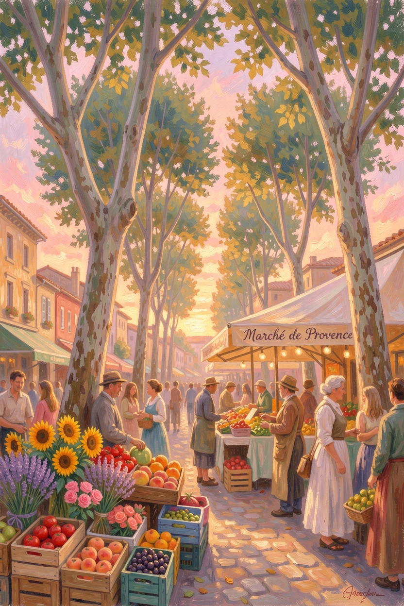 A bustling flower and produce market in Provence beneath plane trees on a sunny square, under a glowing sunset sky, capturing a fleeting moment of pure happiness.