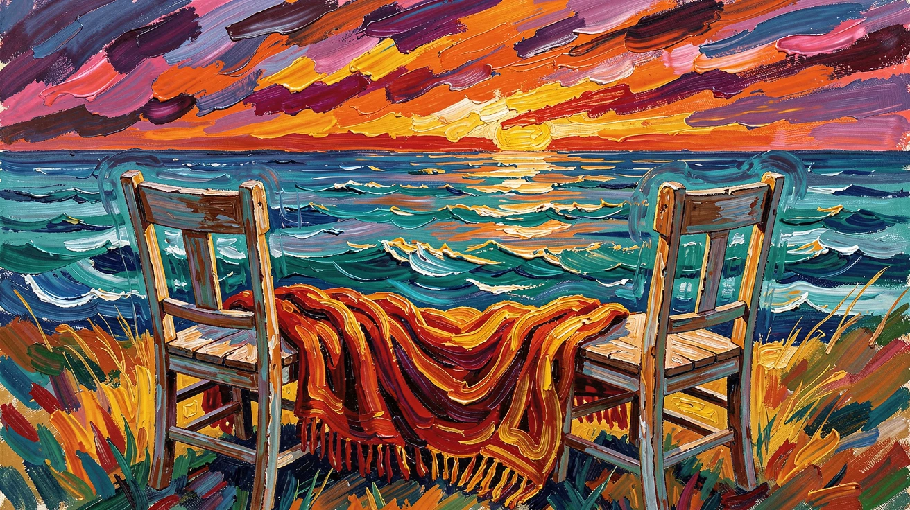 A pair of empty chairs facing the sea, a shared blanket draped between them at sunset.