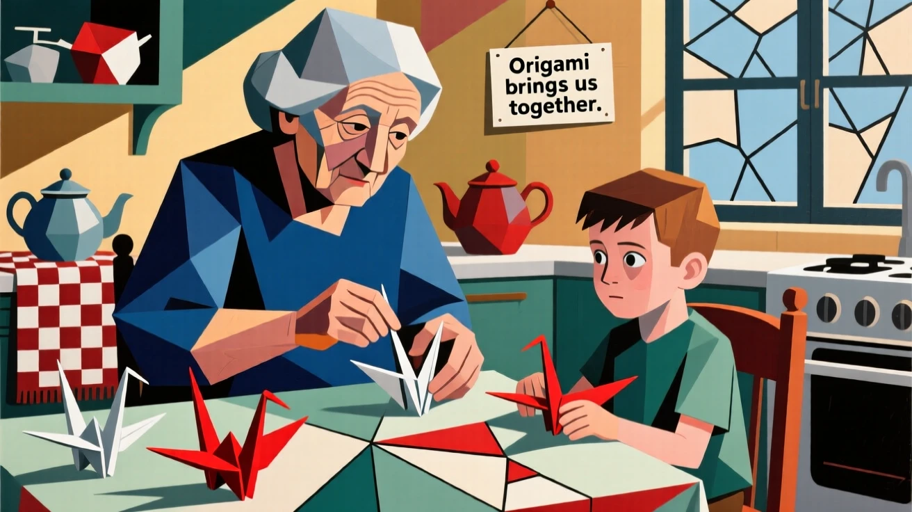 A grandmother teaching her grandson to fold origami cranes at the kitchen table.