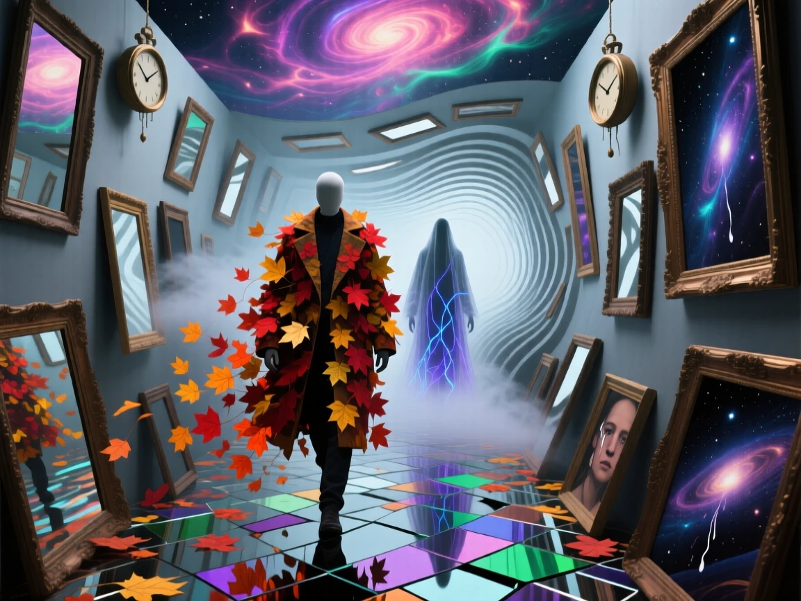 A faceless traveler wrapped in a coat of falling leaves drifts through a corridor lined with empty picture frames, while a second, ghostly version of them lingers behind.