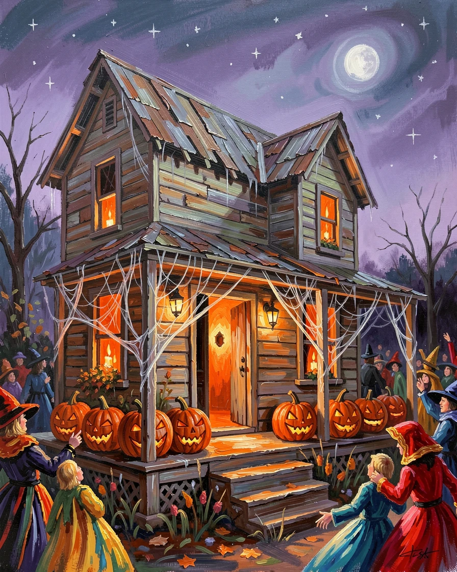 A haunted Halloween house glows with eerie orange light, cobwebs draping a porch lined with grinning carved pumpkins, the surrounding crowd adding energy and movement to the edges of the composition.