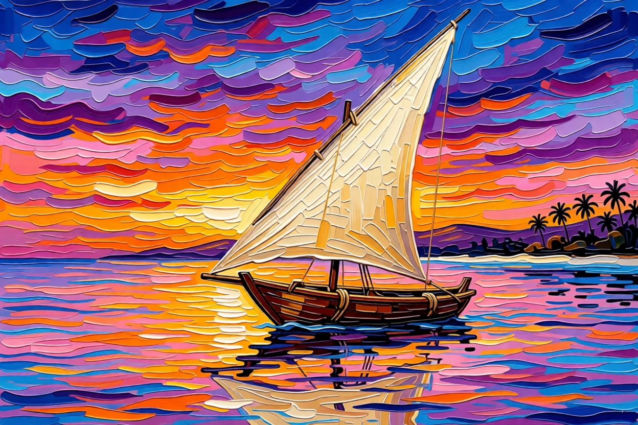 A traditional dhow sailboat crossing the calm waters of the Zanzibar coast at sunset