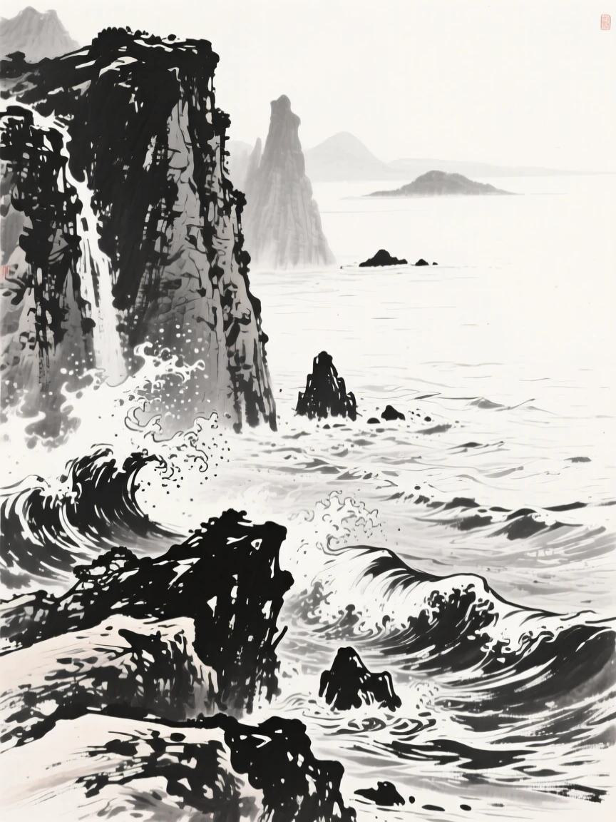 Waves crash against a rugged coastline beneath towering sea cliffs, with distant islands rising faintly from the sea.