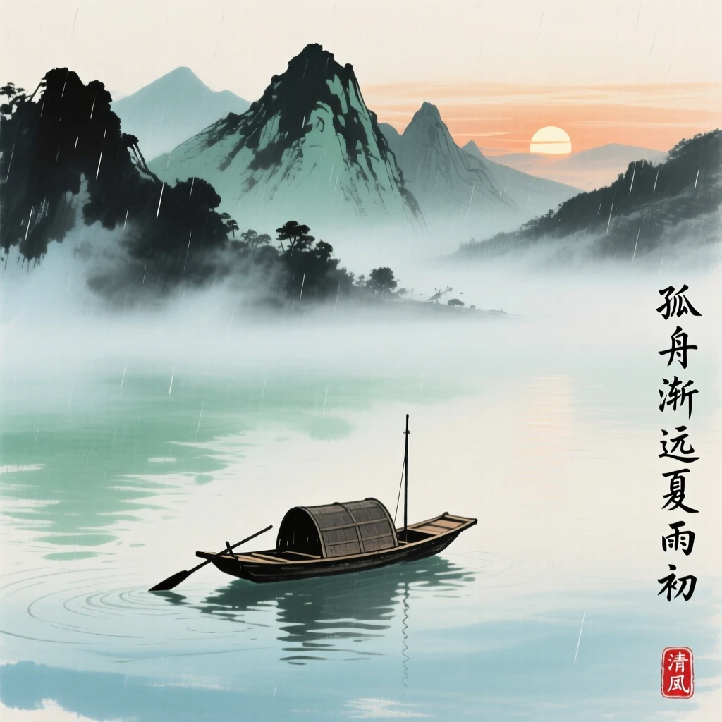 A single boat drifting alone on a vast, mist covered lake, as the sun sets behind distant peaks, as summer rain begins to fall.