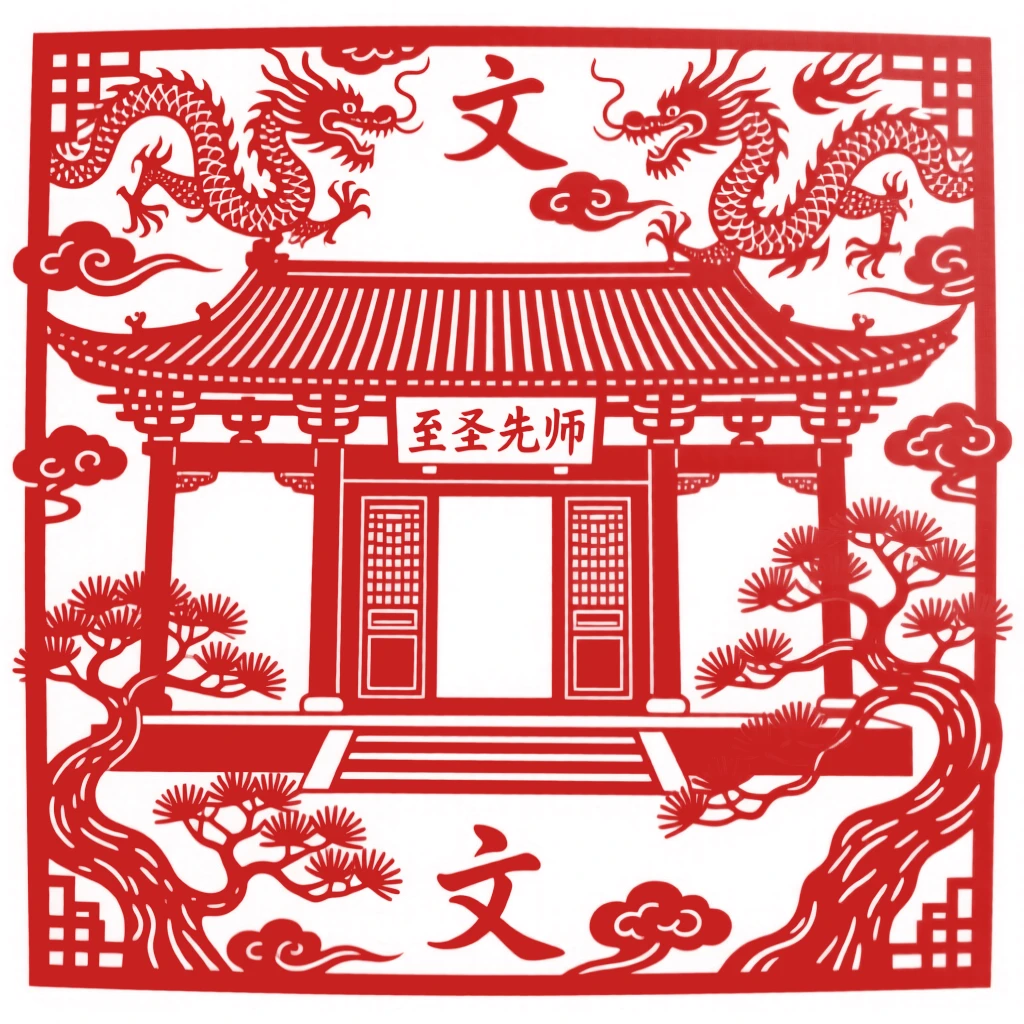 A grand hall of a Confucian temple, its wooden beams carved with dragons and its courtyard shaded by ancient cypress