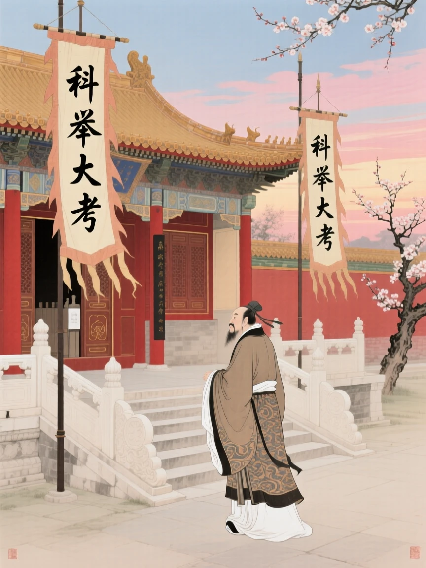 An ancient scholar arriving at an imperial examination hall at dawn, beneath banners fluttering in the wind