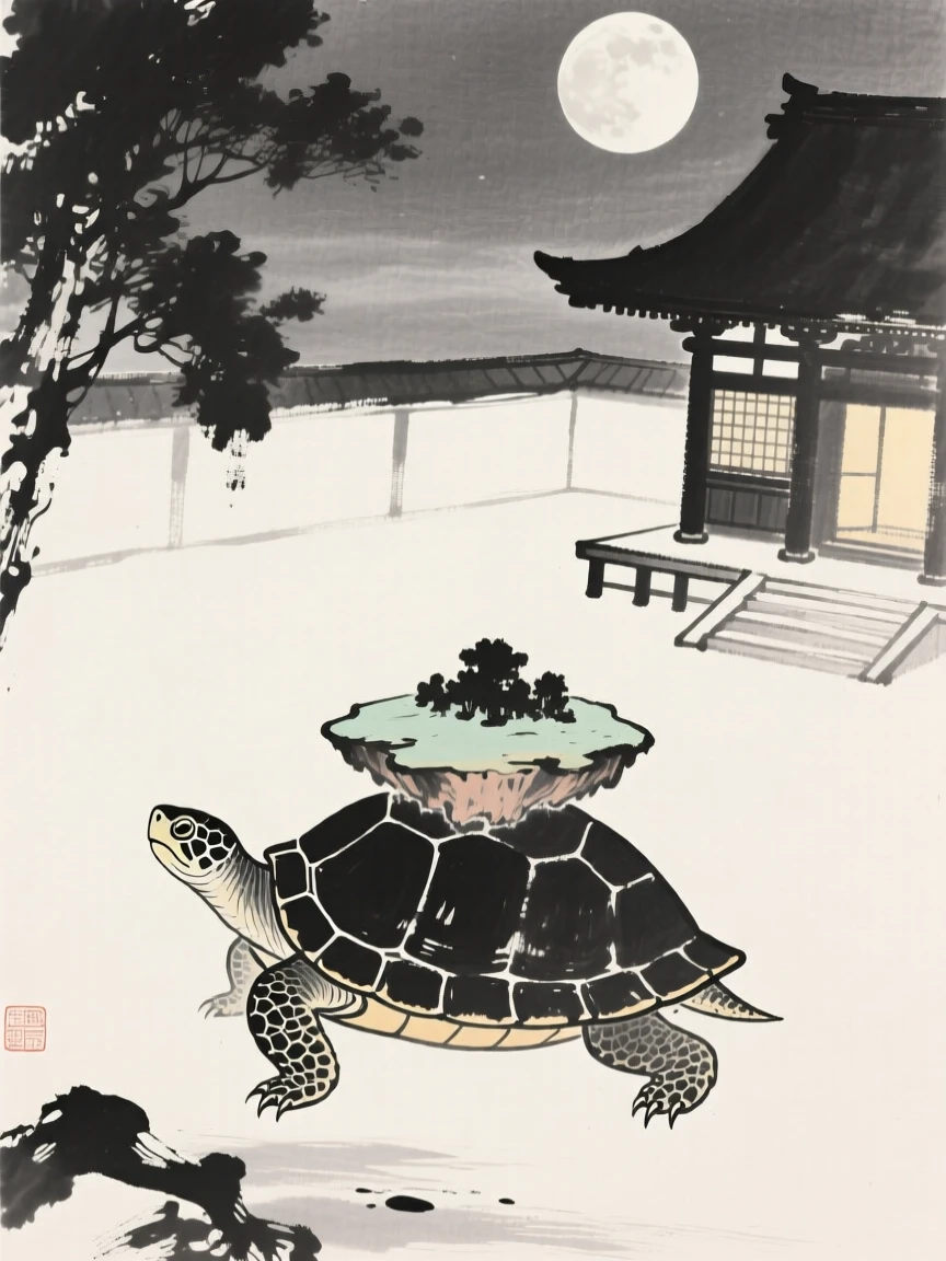 A turtle carrying a small floating island on its back beside a moonlit temple courtyard, seen from below, looking up in quiet awe, conveying graceful power and serene majesty.