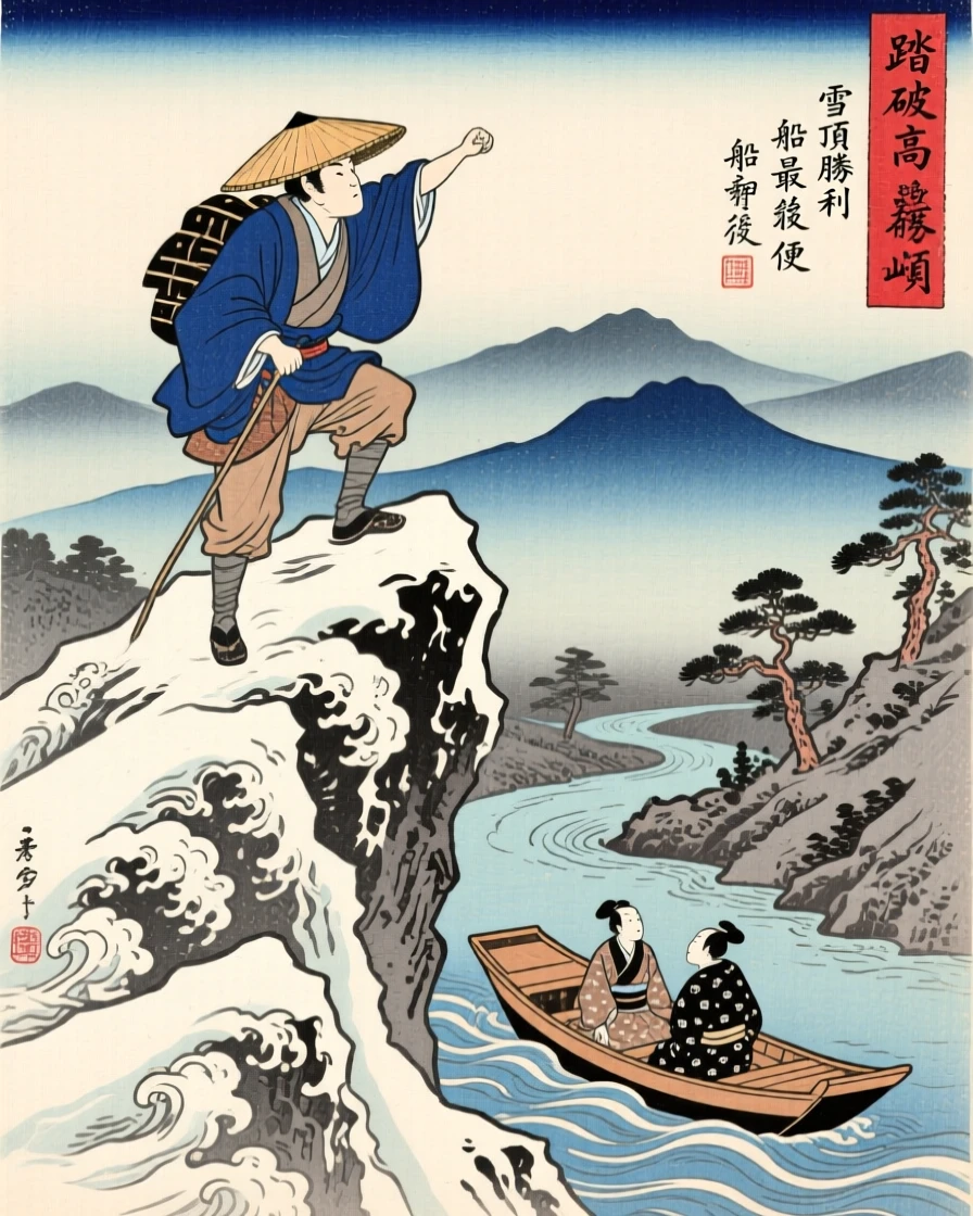 A determined climber reaching a snow-capped summit, as the last boat departs.