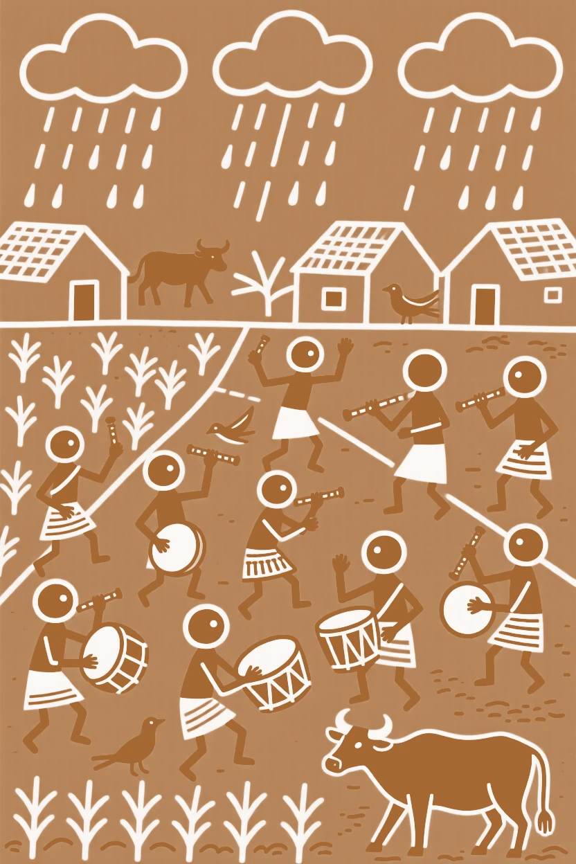 A village celebrating a long-awaited rainfall after a drought.