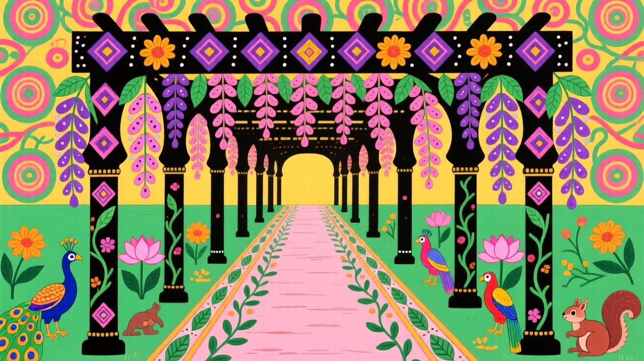 A row of wisteria-draped pergolas along a quiet garden path.