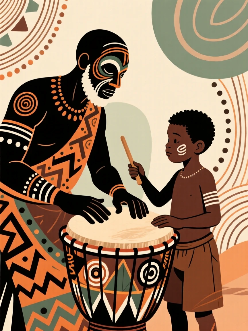 A young boy learning to play the drums from his father.