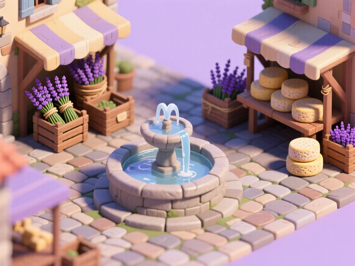 A medieval Provençal village market with lavender bundles, cheese wheels, and a fountain trickling in the town square.