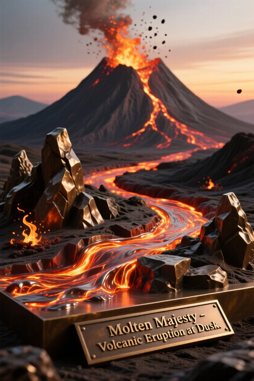 A volcanic landscape glowing with molten lava at dusk, rendered in vivid, atmospheric detail, offering a breathtaking sense of place