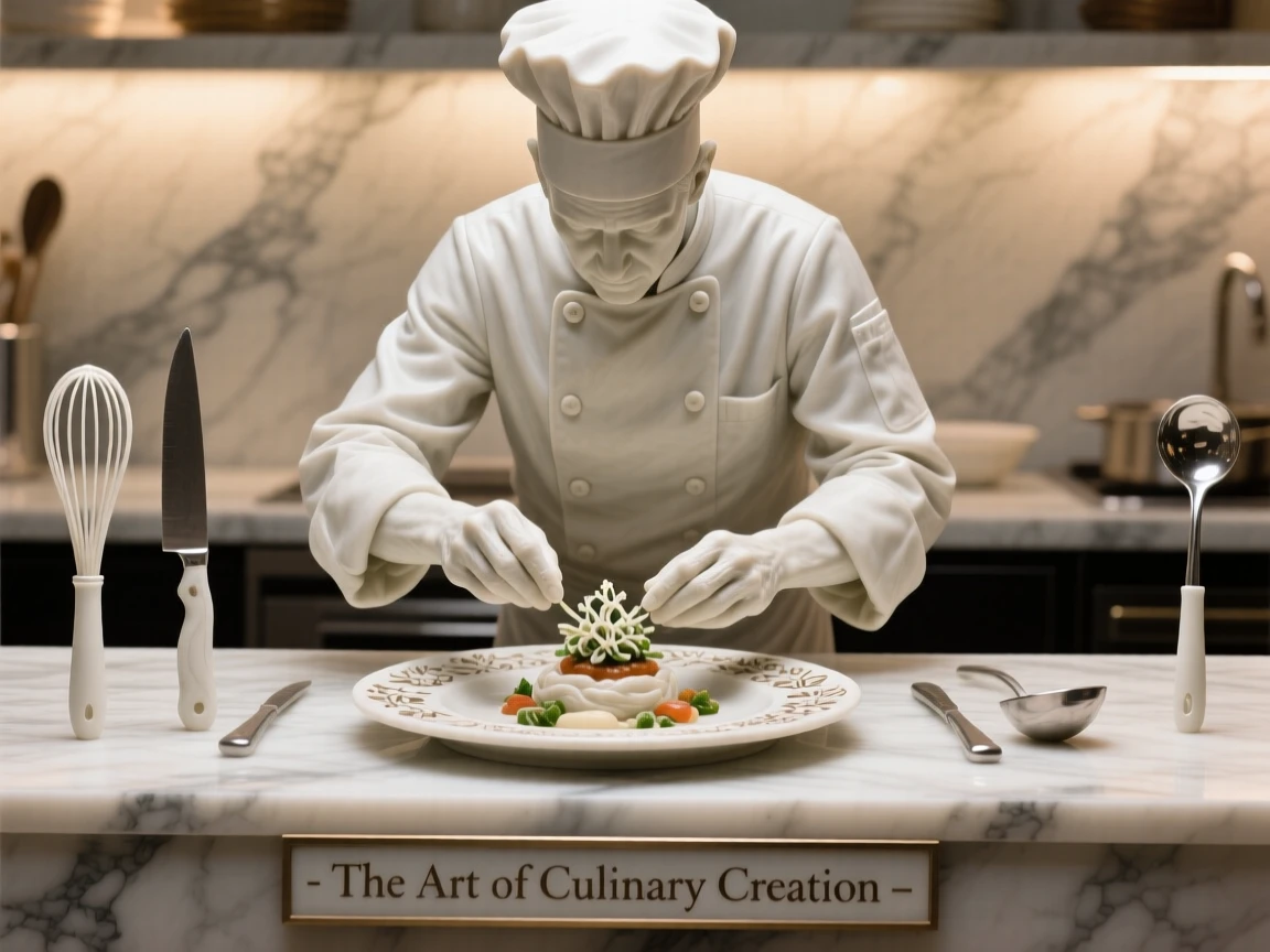 A vivid, emotionally rich scene of a chef plating a beautifully arranged dish, surrounded by soft, glowing light, designed to captivate and inspire