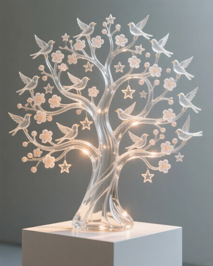 With a warm glow surrounding the entire scene, a tree of life whose branches hold hundreds of birds, blossoms, and stars, while a quiet stillness surrounds the entire scene