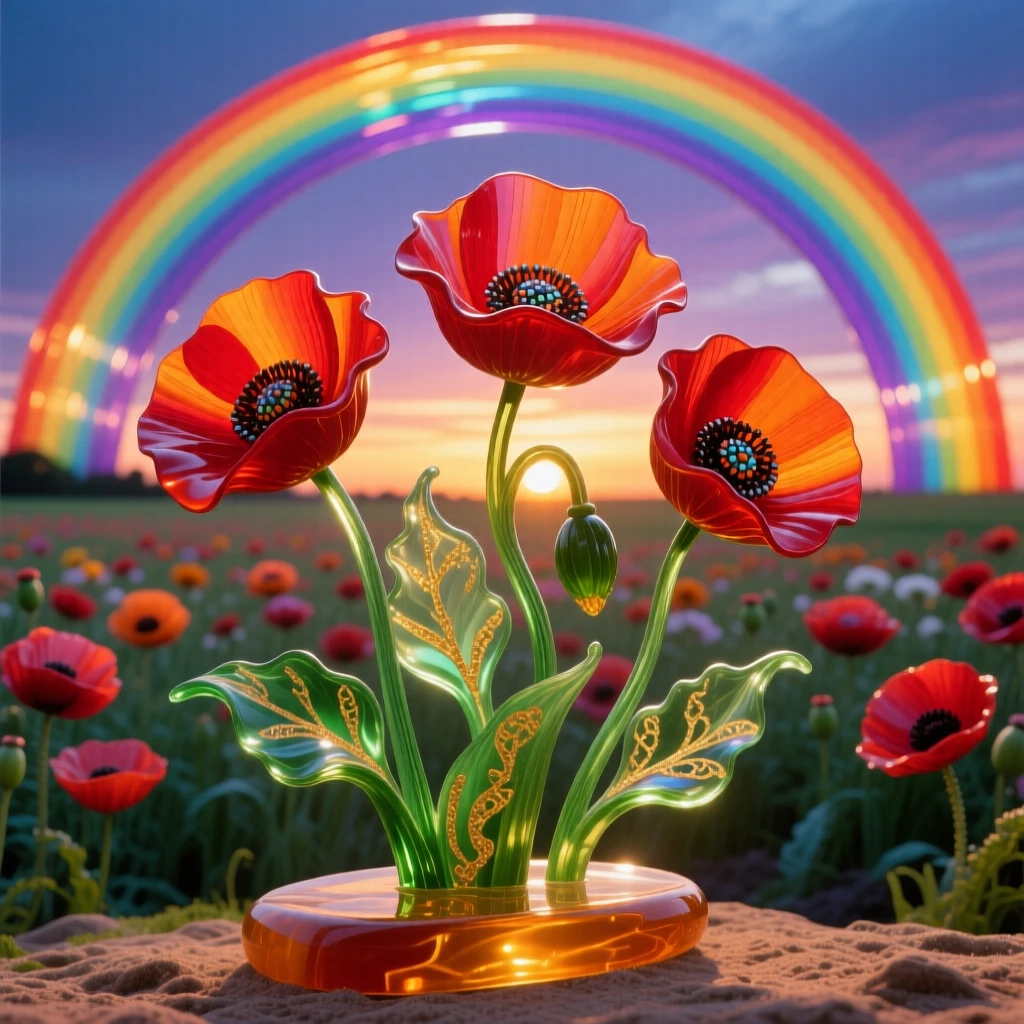 A field of blooming poppies stretching beneath the most vivid double rainbow at dusk, hopeful and vivid.