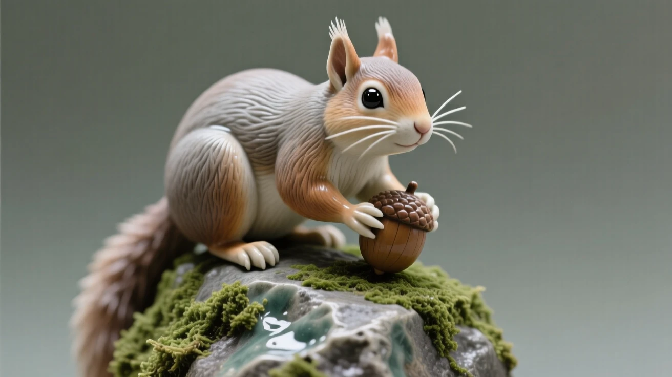 A squirrel clutching an acorn perched alertly atop a mossy boulder, with delicate whiskers catching the light, suggesting a deep bond between mother and young.