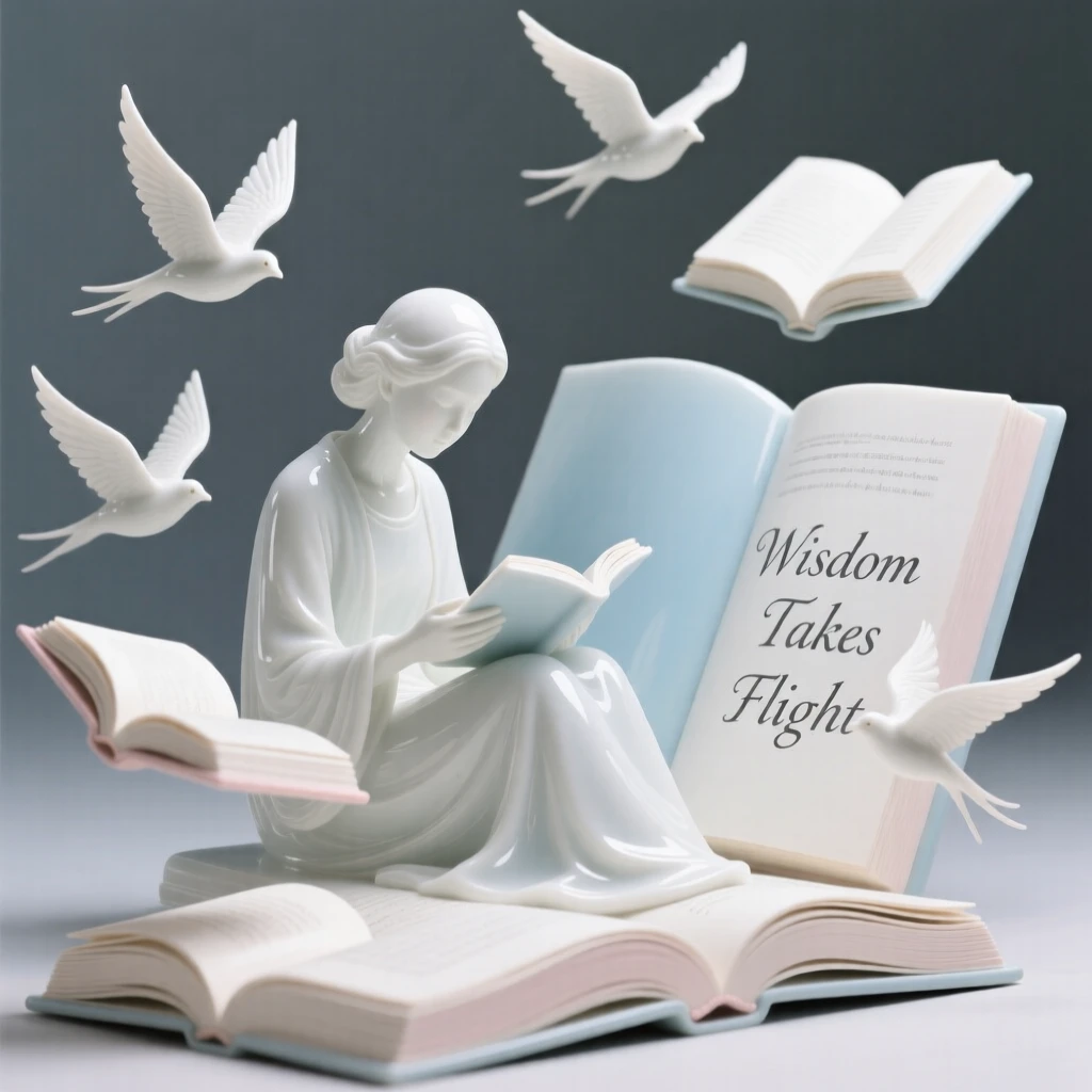 A surreal composition where books float open like birds around a reading figure, rendered with quiet, elegant restraint.