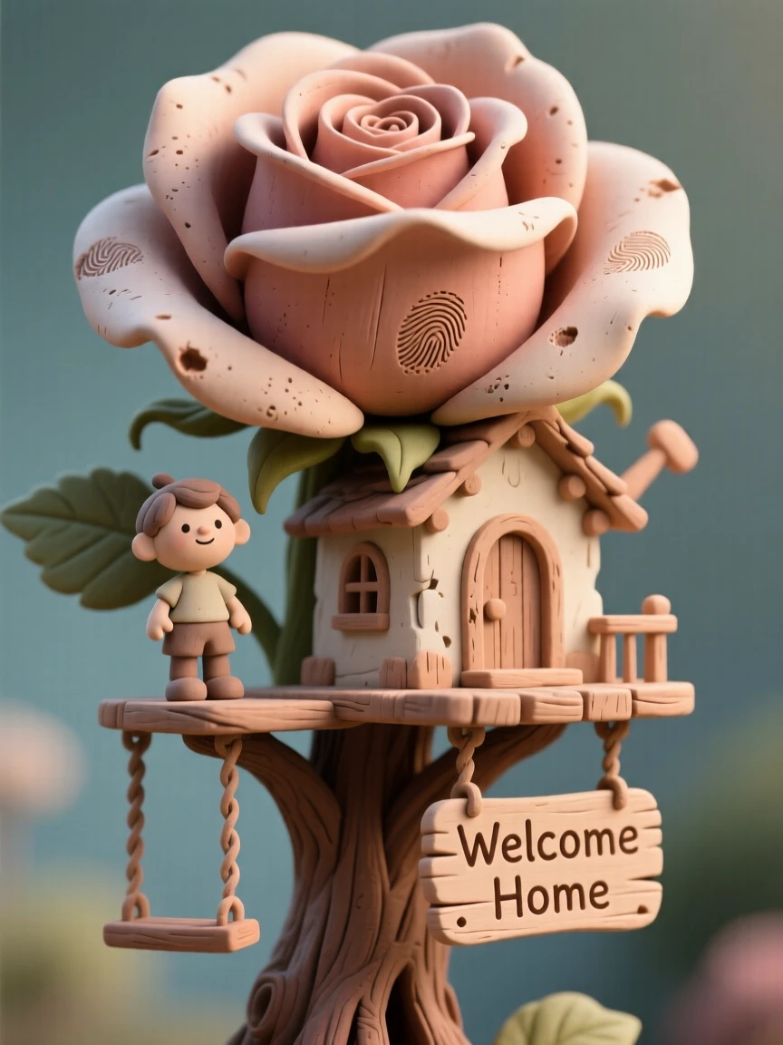 A treehouse perched atop a giant blooming rose